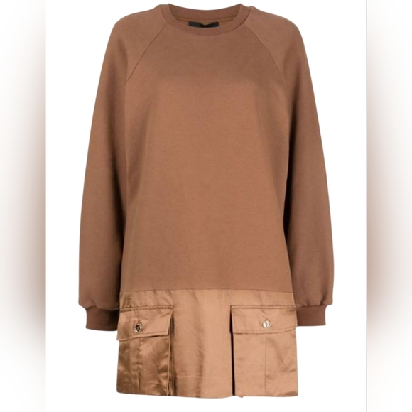 NWT $395 Cynthia Rowley Brown Cozy Cargo Sweatshirt Satin Dress L | Pockets - Picture 1 of 11
